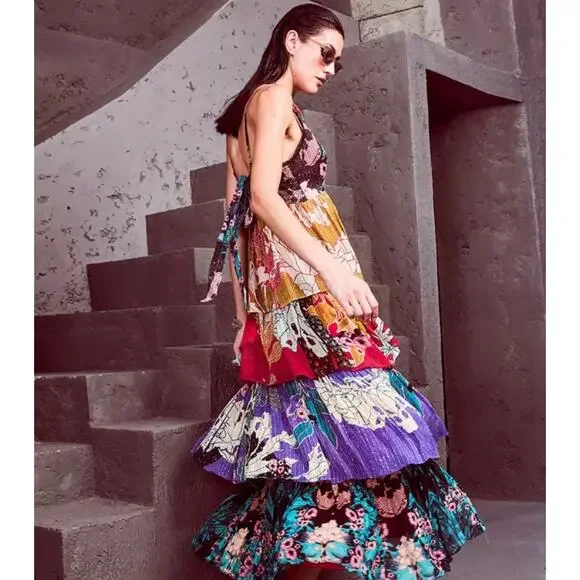 Anthropologie Bhanuni by Jyoti Tiered Layer Maxi Dress Mixed Print Embellish 10 - Picture 2 of 12